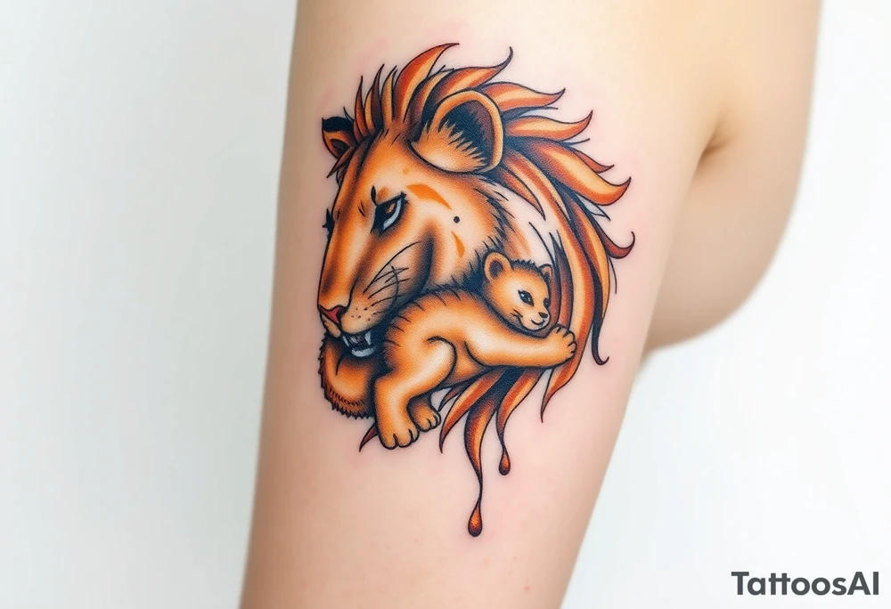 A lioness carrying her cub gently in her mouth, in rich golden and earthy tones, symbolizing fierce love and strength tattoo idea