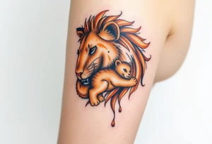 A lioness carrying her cub gently in her mouth, in rich golden and earthy tones, symbolizing fierce love and strength tattoo idea