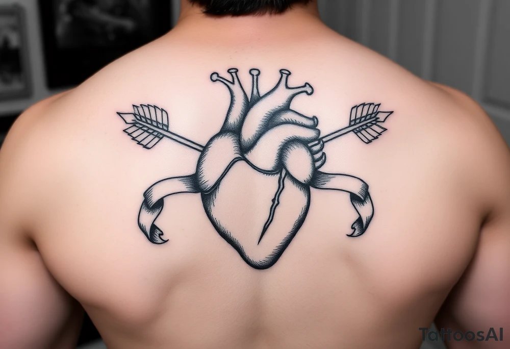 anatomical heart pierced by ornate arrow with flowing ribbons tattoo idea