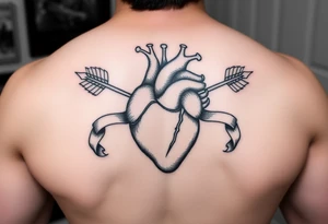 anatomical heart pierced by ornate arrow with flowing ribbons tattoo idea