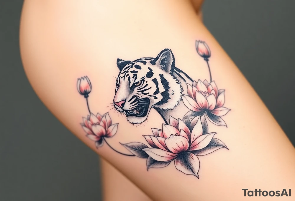 fierce tiger emerging through blooming lotus flowers in mist tattoo idea