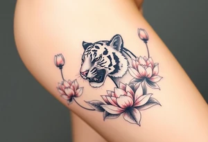 fierce tiger emerging through blooming lotus flowers in mist tattoo idea