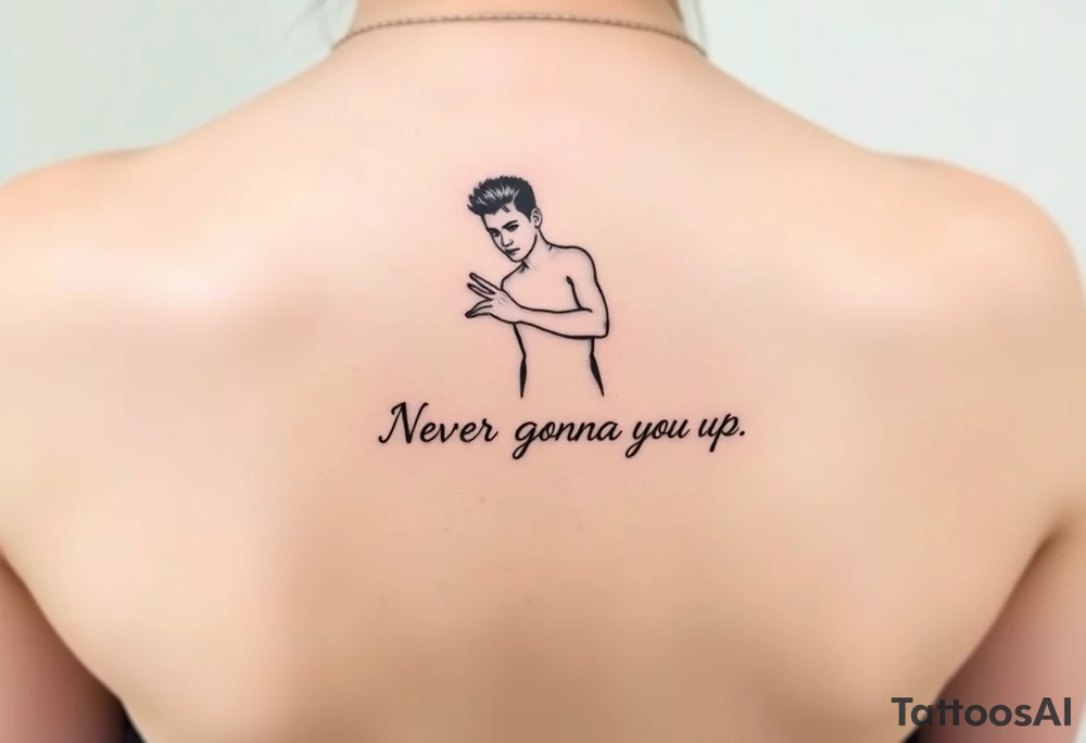Rick Astley's  Dance Pose outline with text "Never Gonna Give You Up" tattoo idea