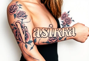 the word Nashika with roses surrounding with thorns tattoo idea