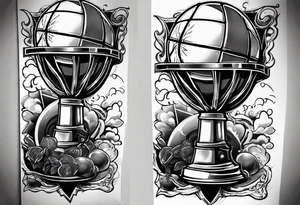 A forearm tattoo that includes a basketball hoop and a cross and a video game controller tattoo idea