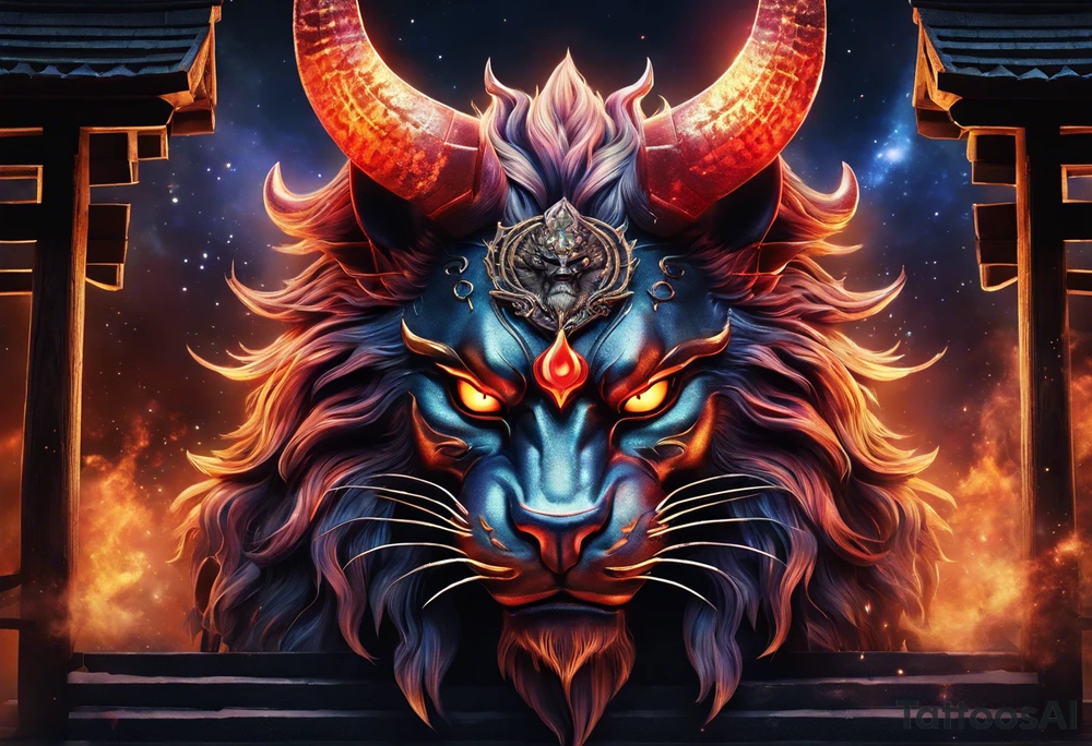 A majestic demon king face with devilish features placed above torii gate is depicted in this realism image. The king's deep-set glowing galaxy-styled large eyes give off an aura of power and mystery. The king's head is acting as dreamcatcher and has braids styled like predator, with 2-3 ending with flame-styled feathers. The king's face is intricately dotted in narsimha/ rudra symbols. The head has a crown shaped blue and orangish flames with intricate and prominent koru maori symbols in the shape of trishul/ trident. The image is filled with vibrant colors, with lot of deep blue, deep purple, and violet, with streaks of bright orange and yellow. This face bust (only face) is atop of a torii gate which is in a brush stroke style, somewhat visible. The king looks regal and powerful. tattoo idea