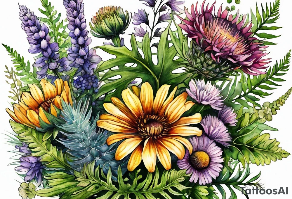 spread out mixed wildflower bouquet with ferns, thistle and with color tattoo idea