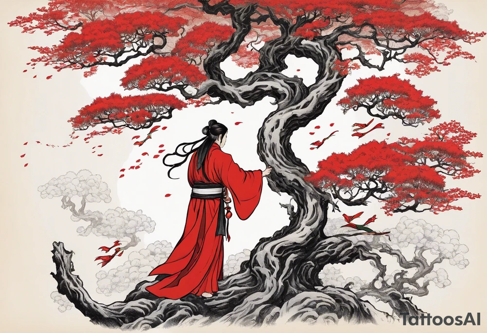 Three of bows.  Robed man in white. Right hand up. Left hand holding a bow. A one red and one white snake intertwining going up the front of the robe. Large oak tree behind him. And two paths going around him and the tree. tattoo idea
