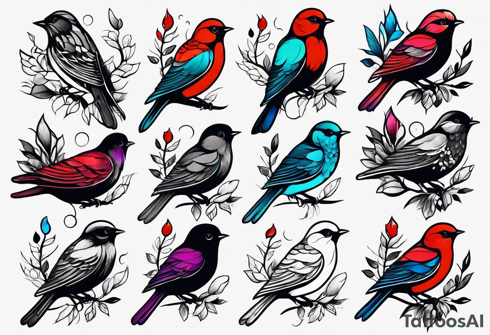 Seven small, colorful birds tattoo idea