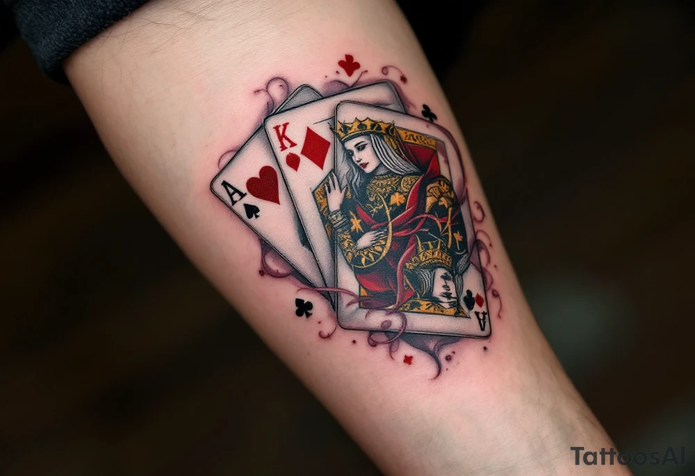 A playing cards tattoo showing the ace of spades, queen of hearts, and king of clubs fanned out in rich black, deep red, and golden-yellow ink, with realistic card textures, subtle shadowing, and faint smoky wisps curling around the edges for a dramatic, high-stakes vibe. tattoo idea