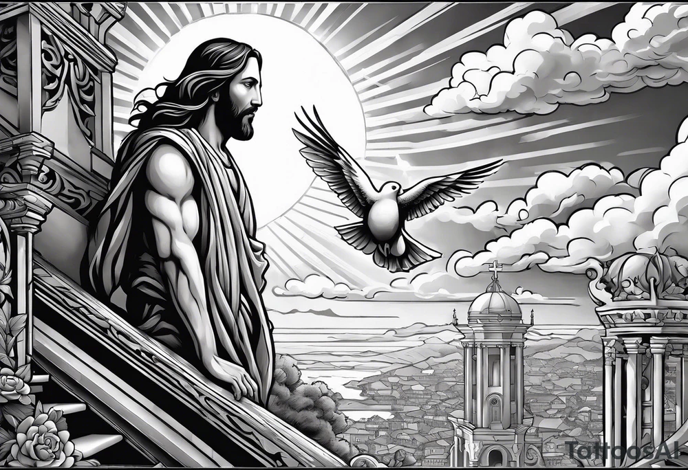 Jesus standing on a flight of stairs with clouds, sunshine and a dove in the background on the upper arm tattoo idea