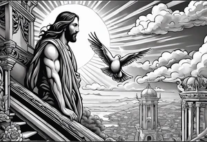 Jesus standing on a flight of stairs with clouds, sunshine and a dove in the background on the upper arm tattoo idea