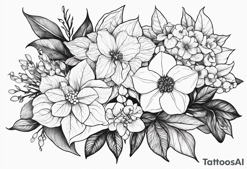 Hydrangea, Narcissus, Poinsettia, Holly, Gladiolus, Poppy, Daisy, Sweet Pea floral tattoo idea