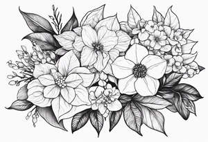 Hydrangea, Narcissus, Poinsettia, Holly, Gladiolus, Poppy, Daisy, Sweet Pea floral tattoo idea