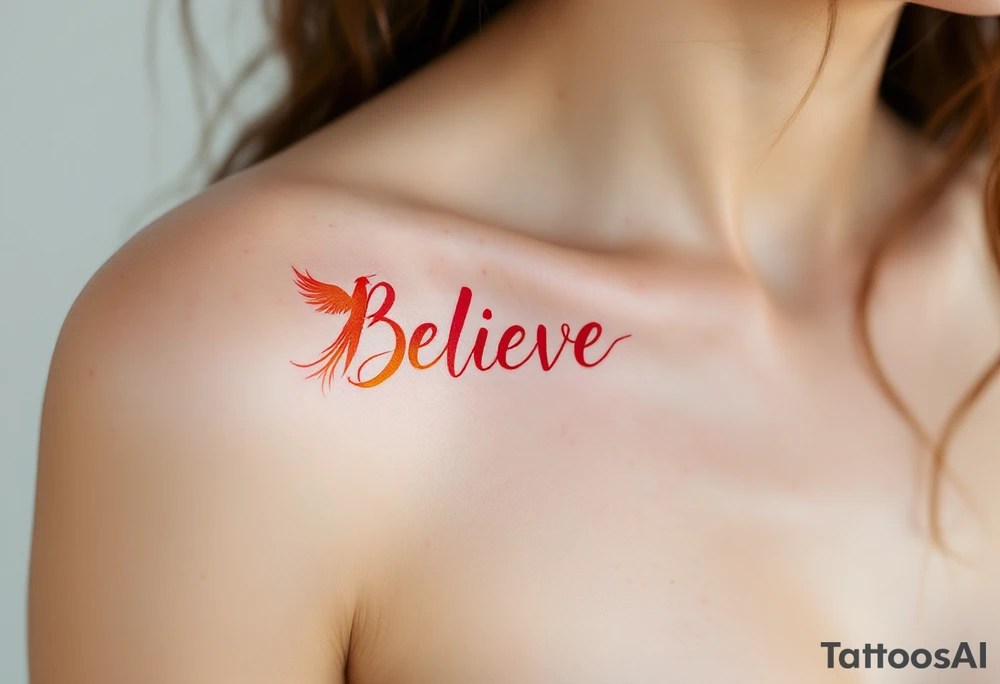 The word "Believe" in bold, fiery red, complemented by a silhouette of a phoenix rising in orange, symbolizing rebirth and transformation. tattoo idea