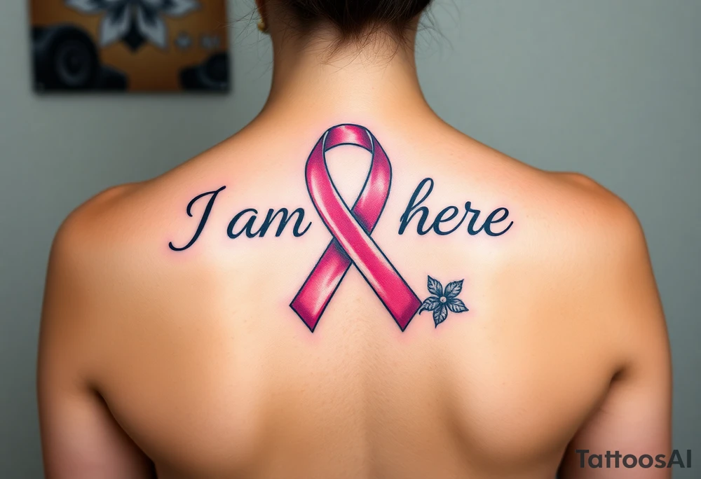‘I am here’ with breast cancer pink ribbon as I with Hawaiian theme tattoo idea