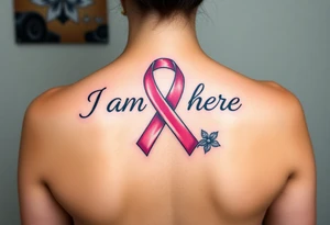 ‘I am here’ with breast cancer pink ribbon as I with Hawaiian theme tattoo idea
