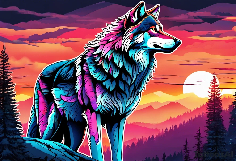 Badass wolf wearing sunglasses
Dark woods
Mountains
Sunset tattoo idea