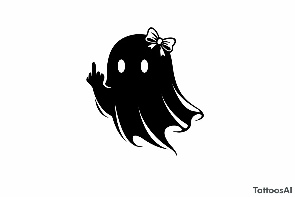 Small ghost silhouette, defiant middle finger, tiny bow detail. tattoo idea