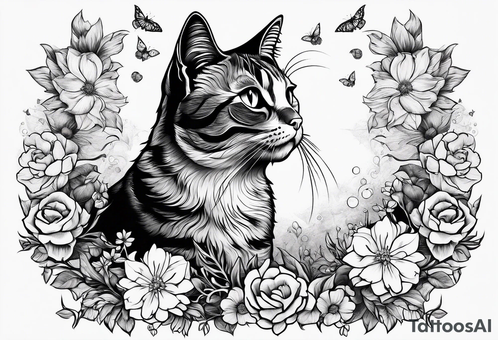 Cat looking up at a cardinal bird surrounded by flowers tattoo idea