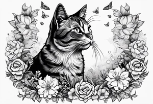 Cat looking up at a cardinal bird surrounded by flowers tattoo idea