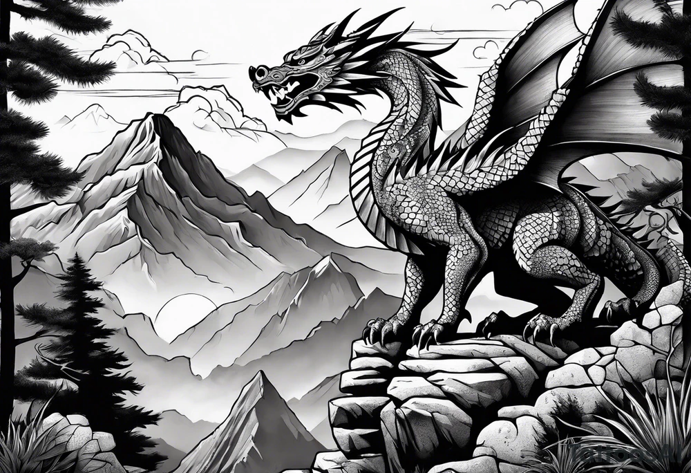 Aztec dragon climbing mountain tattoo idea