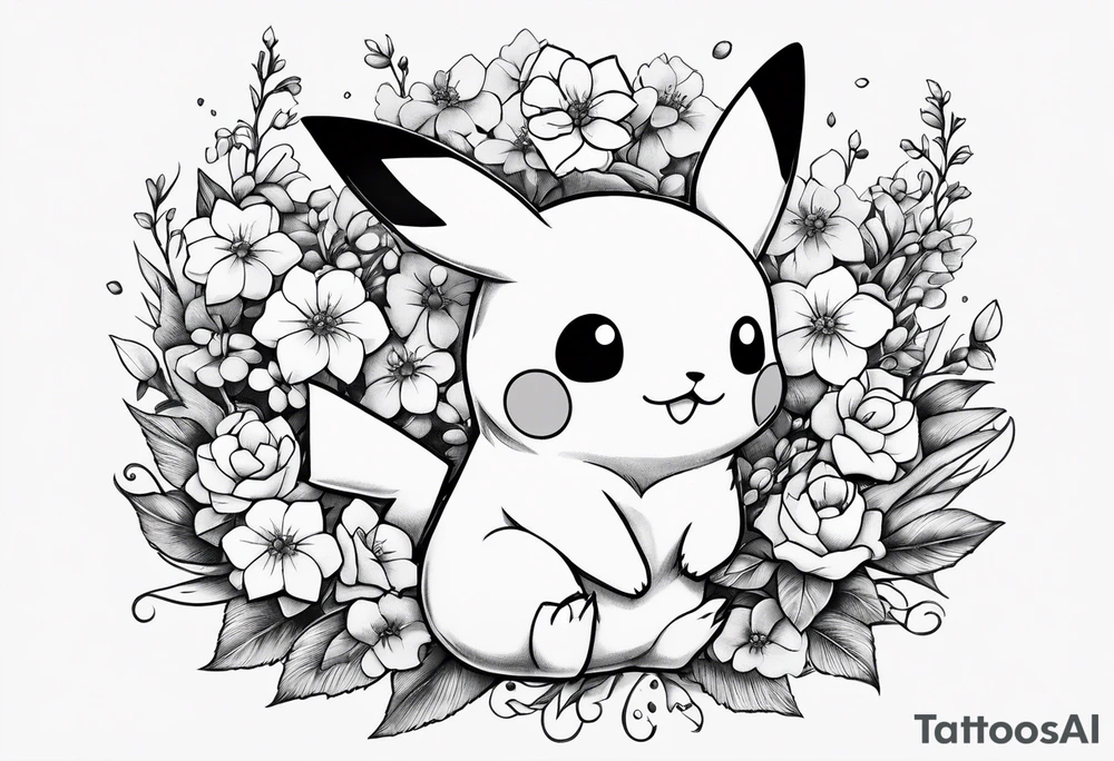 A loose bouquet of forget me knots and cute pikachu at the bottom Holding the bouquet tattoo idea