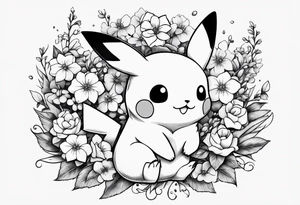 A loose bouquet of forget me knots and cute pikachu at the bottom Holding the bouquet tattoo idea