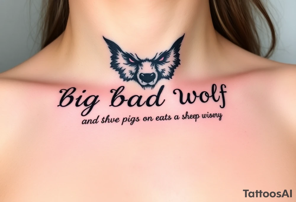 Big bad wolf nursery rhyme wearing a sheep costume with sheep head hood to kill and eat the three little pigs and little red riding hood in the woods tattoo idea