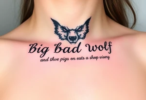 Big bad wolf nursery rhyme wearing a sheep costume with sheep head hood to kill and eat the three little pigs and little red riding hood in the woods tattoo idea