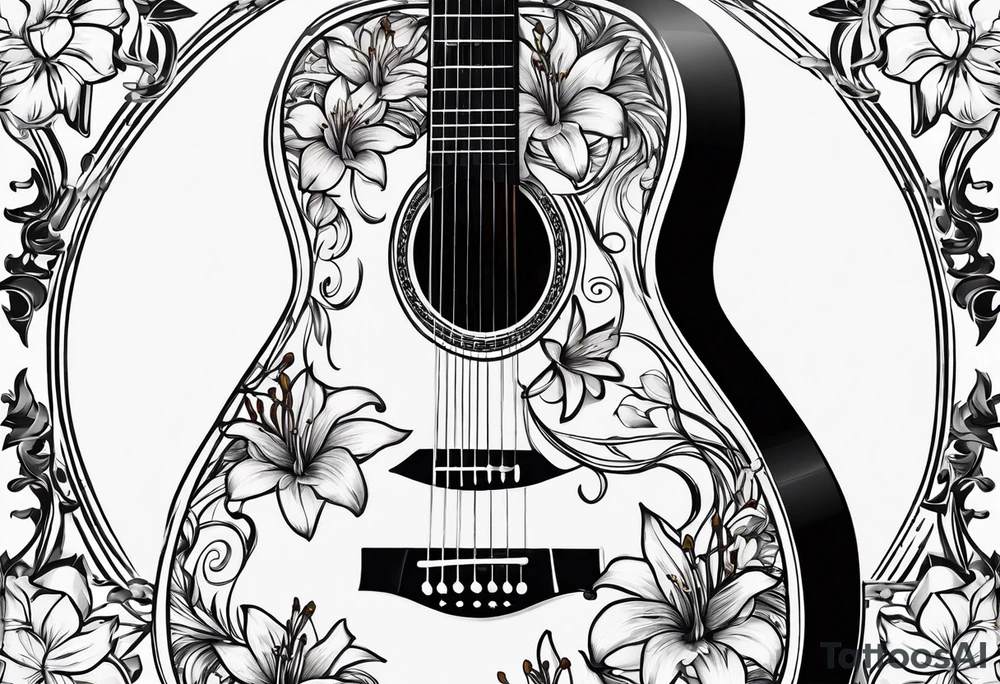 basic black acoustic guitar wrapped with lilies around the neck, with a simple black star on the guitar body. meant for the inside of a woman's bicep tattoo idea