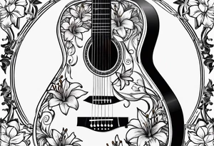 basic black acoustic guitar wrapped with lilies around the neck, with a simple black star on the guitar body. meant for the inside of a woman's bicep tattoo idea