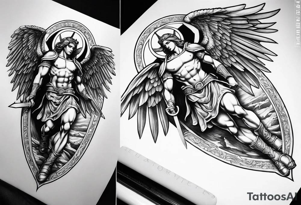 Arm sleeve of St Michael killing the devil tattoo idea