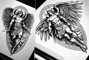 Arm sleeve of St Michael killing the devil tattoo idea