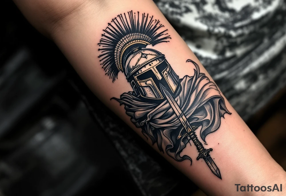 gladiator colosseum interior combat sword helmet cape sand wind tattoo idea