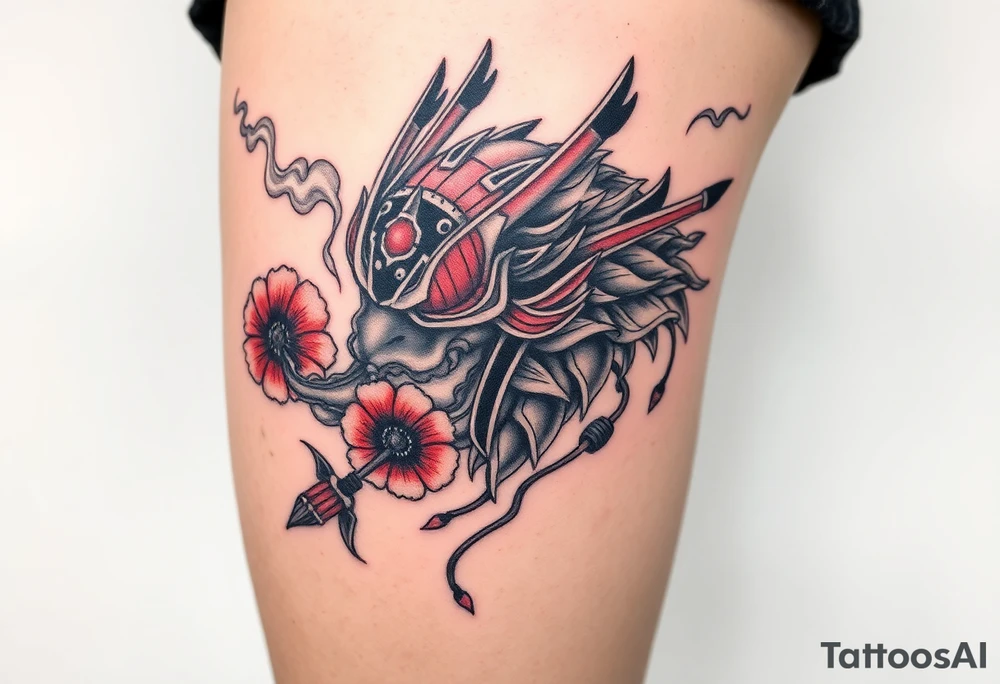 Big Rouge ronin to cover the entire thigh with smoke coming out of its mouth with 11b tattooed under its left eye with 1 poppy on each side of the ronin tattoo idea