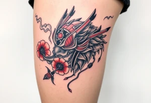 Big Rouge ronin to cover the entire thigh with smoke coming out of its mouth with 11b tattooed under its left eye with 1 poppy on each side of the ronin tattoo idea