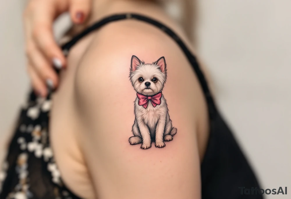 Classic Marie Portrait – A delicate tattoo of Marie sitting with her signature pink bow and collar, white fur perfectly groomed, with her head tilted playfully to the side. tattoo idea