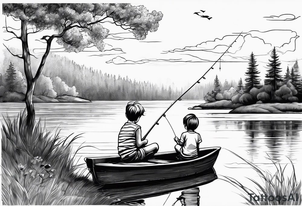 forearm tattoo set on a lake. There is a little boy sitting next to a little girl. The little boy is fishing and the little girl is reading. There are trees surrounding the lake. tattoo idea