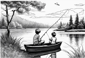 forearm tattoo set on a lake. There is a little boy sitting next to a little girl. The little boy is fishing and the little girl is reading. There are trees surrounding the lake. tattoo idea