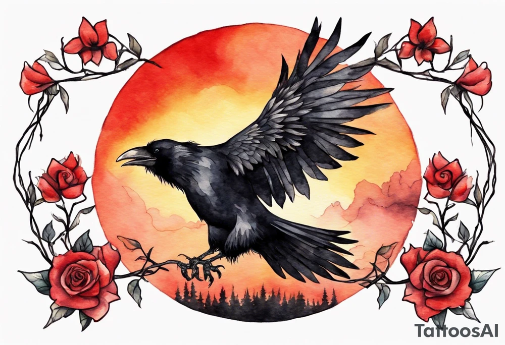 Two black crows flying into the sunset as they carry one long red string between them. tattoo idea