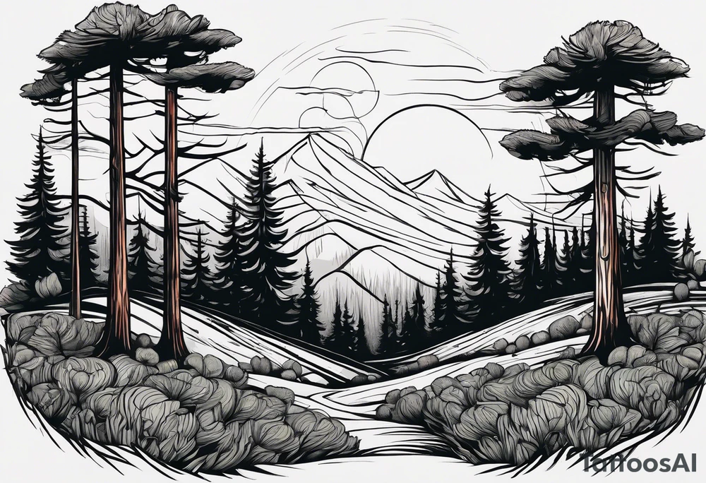 Forest of pine trees with a single stump in the foreground showing its rings and next to it a single poppy growing out of the ground tattoo idea
