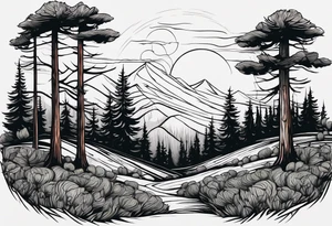 Forest of pine trees with a single stump in the foreground showing its rings and next to it a single poppy growing out of the ground tattoo idea