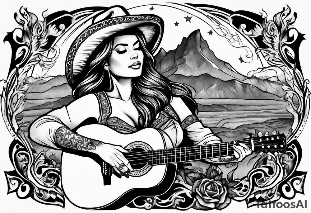 Acoustic Guitar cowgirl by a campfire tattoo idea