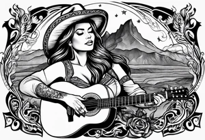 Acoustic Guitar cowgirl by a campfire tattoo idea