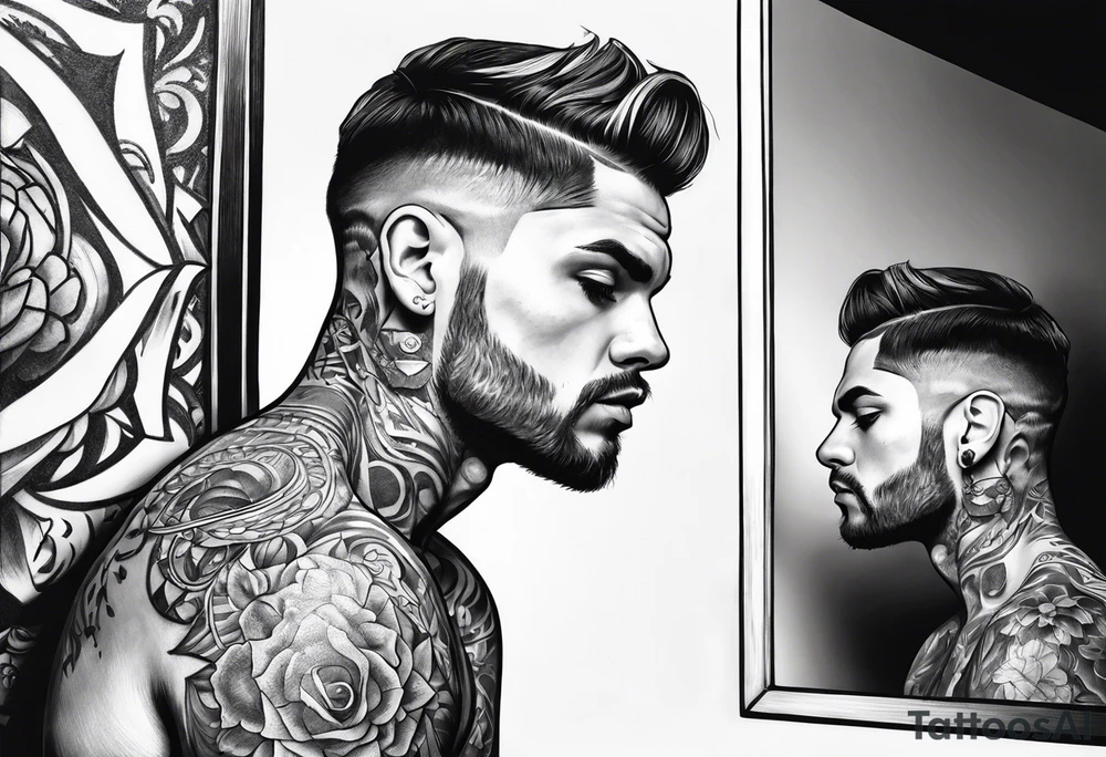 Transgender man looking in mirror, tattoo idea