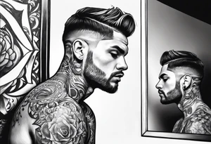 Transgender man looking in mirror, tattoo idea