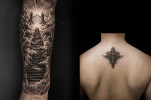 Stairway to heaven, with clouds surrounding the stairs, and the gate being at the top. A date, below the stairs, in Roman numerals 21.02.1942. The tattoo is going on the forearm, but the outside part. Also, it should be realistic, and through the whole forearm. tattoo idea