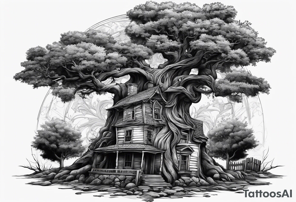 the tree of life growing out of a broken house with baby jesus at its doorsteps tattoo idea