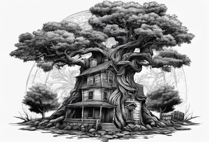 the tree of life growing out of a broken house with baby jesus at its doorsteps tattoo idea